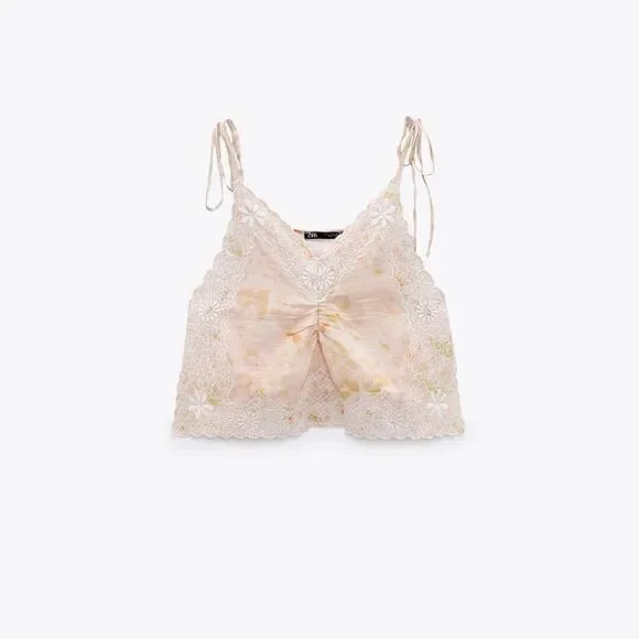 Zara NWT Women’s Pink Embroidered Tie Dye Sleeveless Boho Cami Crop Top Size L - Picture 5 of 12